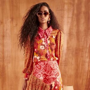 CeliaB Satin Floral‎ Long Sleeve Blouse XS Boho Statement Top